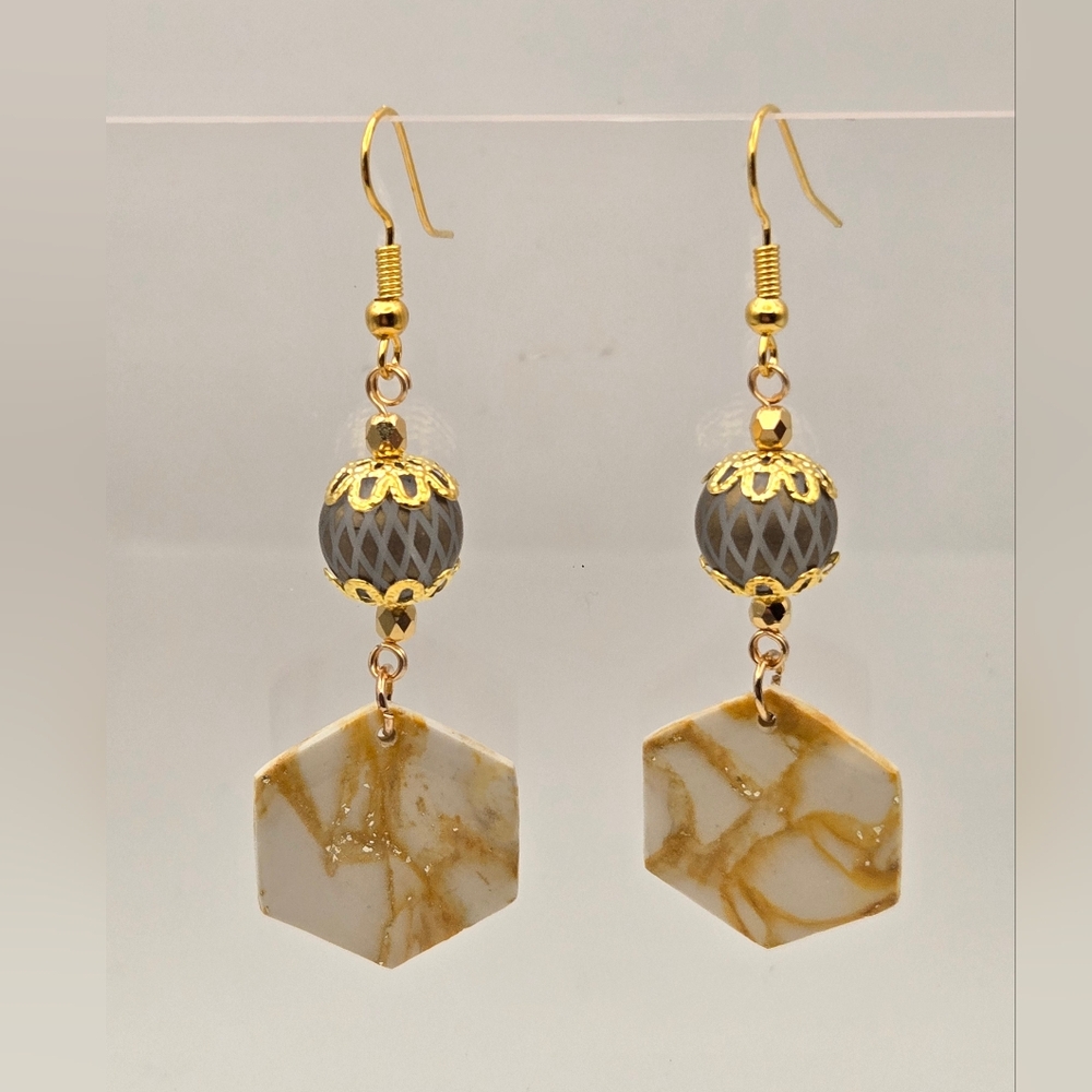 #B2- Chic Gold and Cream Hexagon Earrings